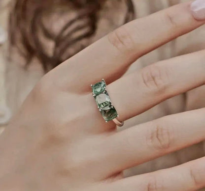 Retro / Vintage 5 Stone natural MOSS AGATE CZ Solitaire Ring,&nbsp; 925s Silver, size, Str. 56