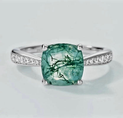 Retro / Vintage 8x8mm natural MOSS AGATE CZ Solitaire Ring, 925s Silver, size ( 49, 52, 54 )