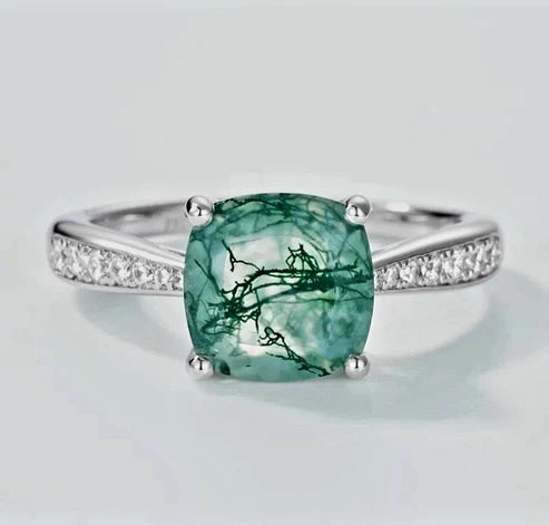 Retro / Vintage 8x8mm natural MOSS AGATE CZ Solitaire Ring,& 925s Silver, Str. 54