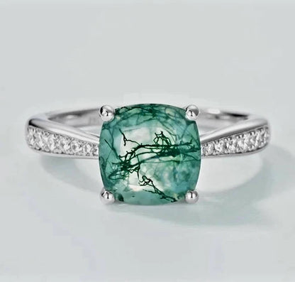 Retro / Vintage 8x8mm natural MOSS AGATE CZ Solitaire Ring,& 925s Silver, Str. 54