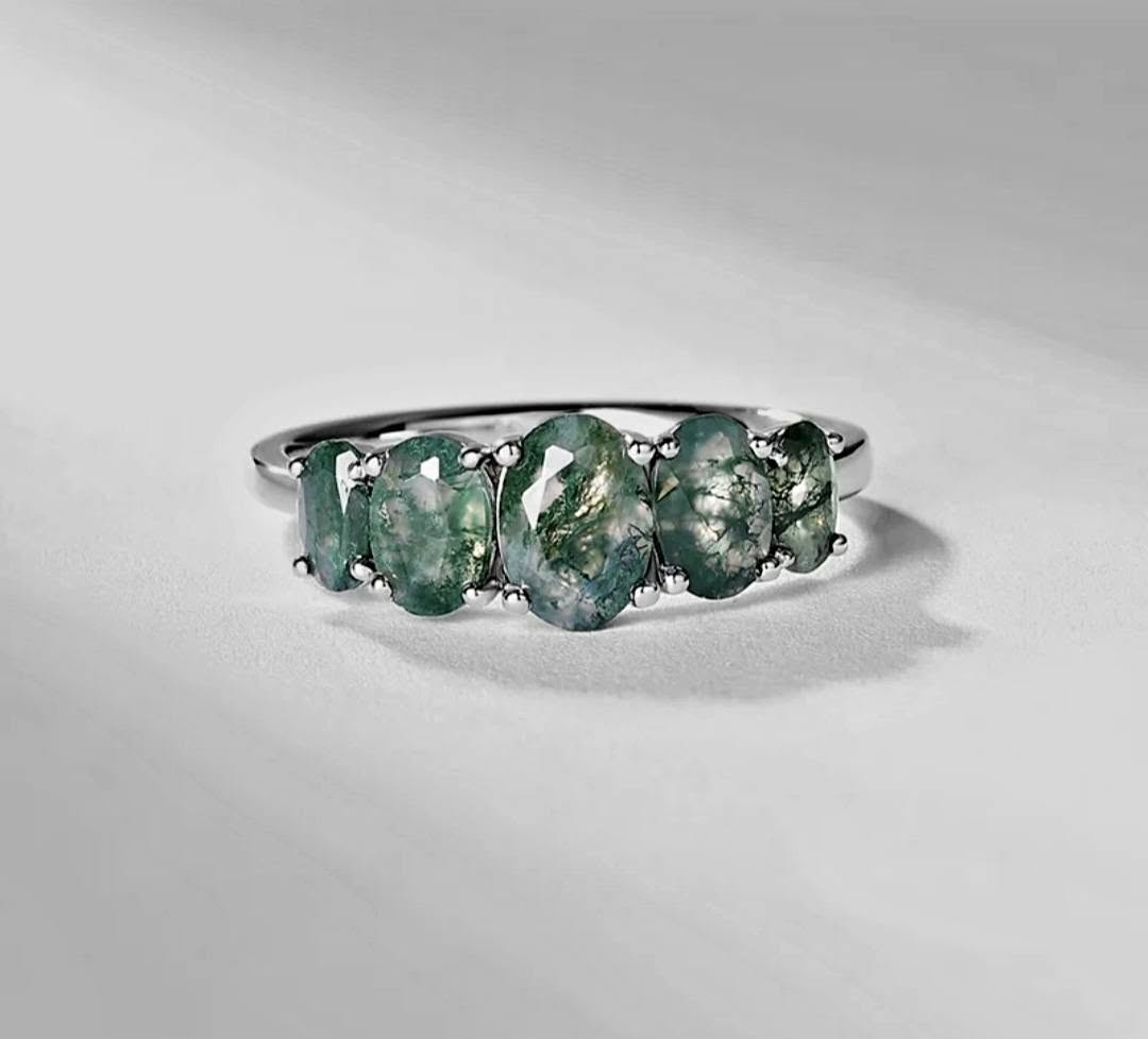 Retro / Vintage 5 Stone natural MOSS AGATE CZ Solitaire Ring,& 925s Silver, size ( 49, 52, 54 )