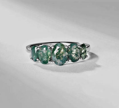 Retro / Vintage 5 Stone natural MOSS AGATE CZ Solitaire Ring,& 925s Silver, size ( 49, 52, 54 )