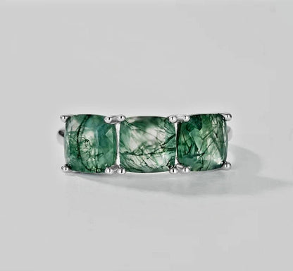 Retro / Vintage 7x7mm natural MOSS AGATE CZ Solitaire Ring, 925s Silver, size ( 49, 52, 54 )