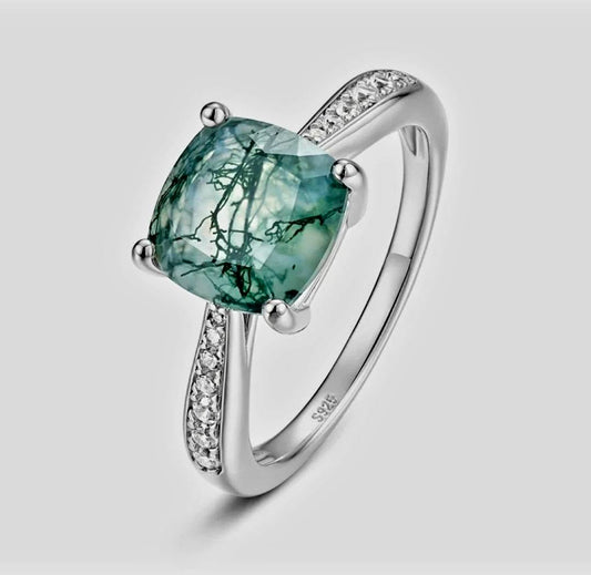 Retro / Vintage 8x8mm natural MOSS AGATE CZ Solitaire Ring, 925s Silver, size ( 49, 52, 54 )