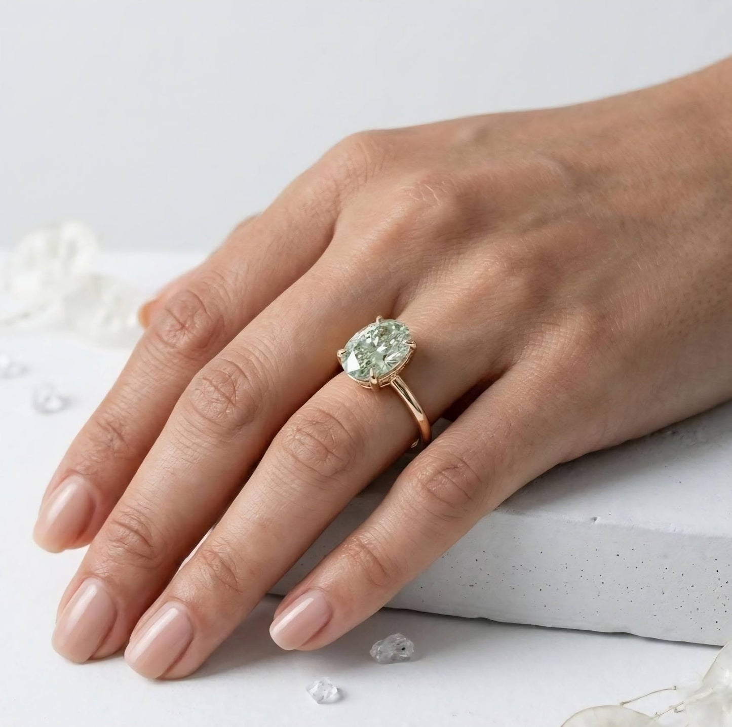 New Mareshia "Solitaire" enstens 11x7.5mm Mint Green Prasiolite Ring, Gold Vermeil ( 925s Silver )