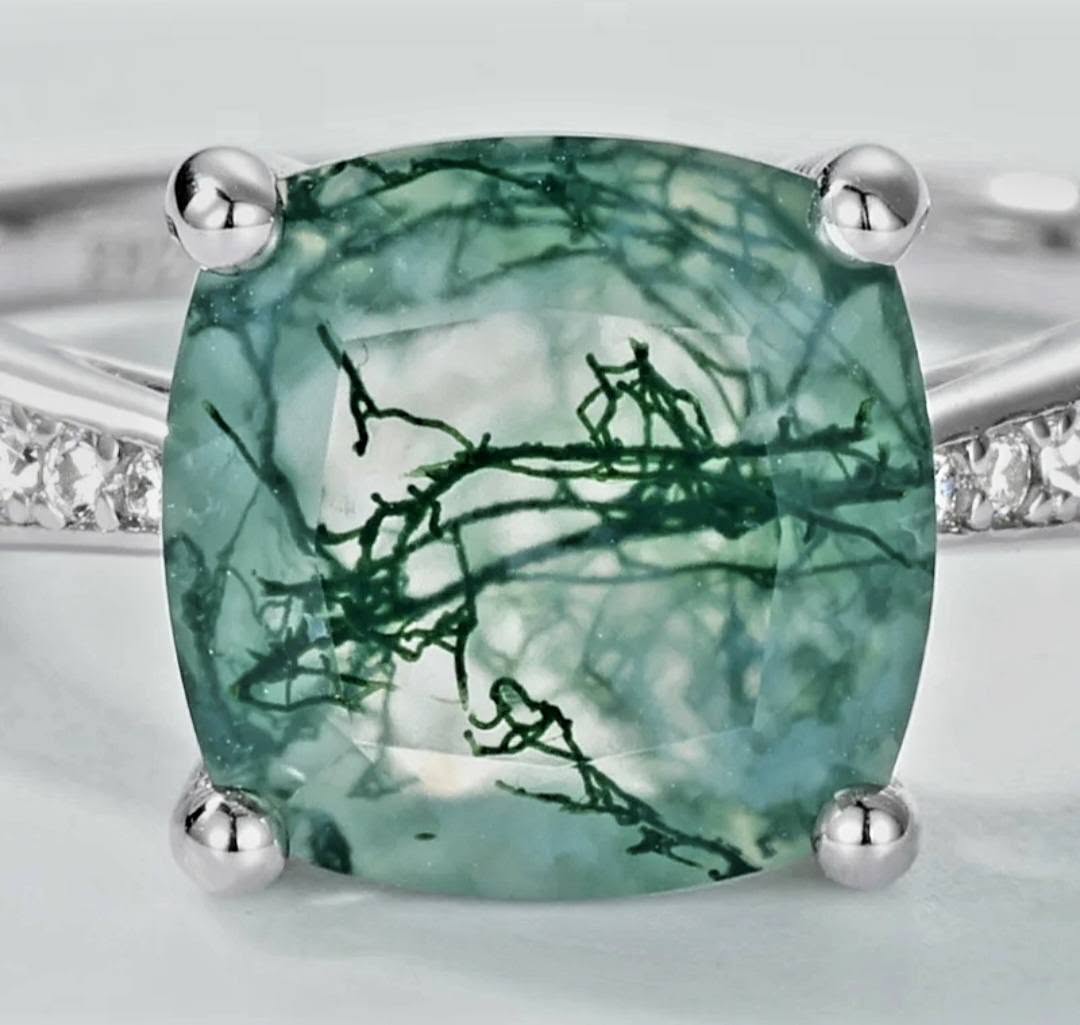Retro / Vintage 8x8mm natural MOSS AGATE CZ Solitaire Ring, 925s Silver, size ( 49, 52, 54 )
