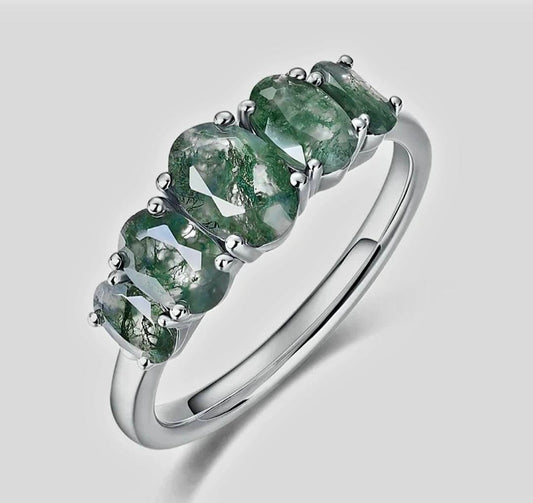 Retro / Vintage 5 Stone natural MOSS AGATE CZ Solitaire Ring,& 925s Silver, size ( 49, 52, 54 )