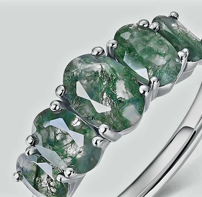Retro / Vintage 5 Stone natural MOSS AGATE CZ Solitaire Ring,& 925s Silver, size ( 49, 52, 54 )