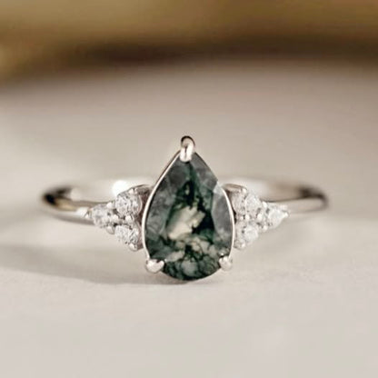 Ny & Trendy 925s Silver Art Deco Vintage Ring - med Tear Drop 10x6mm Green Moss Agate Quartz sten og Zirkoner