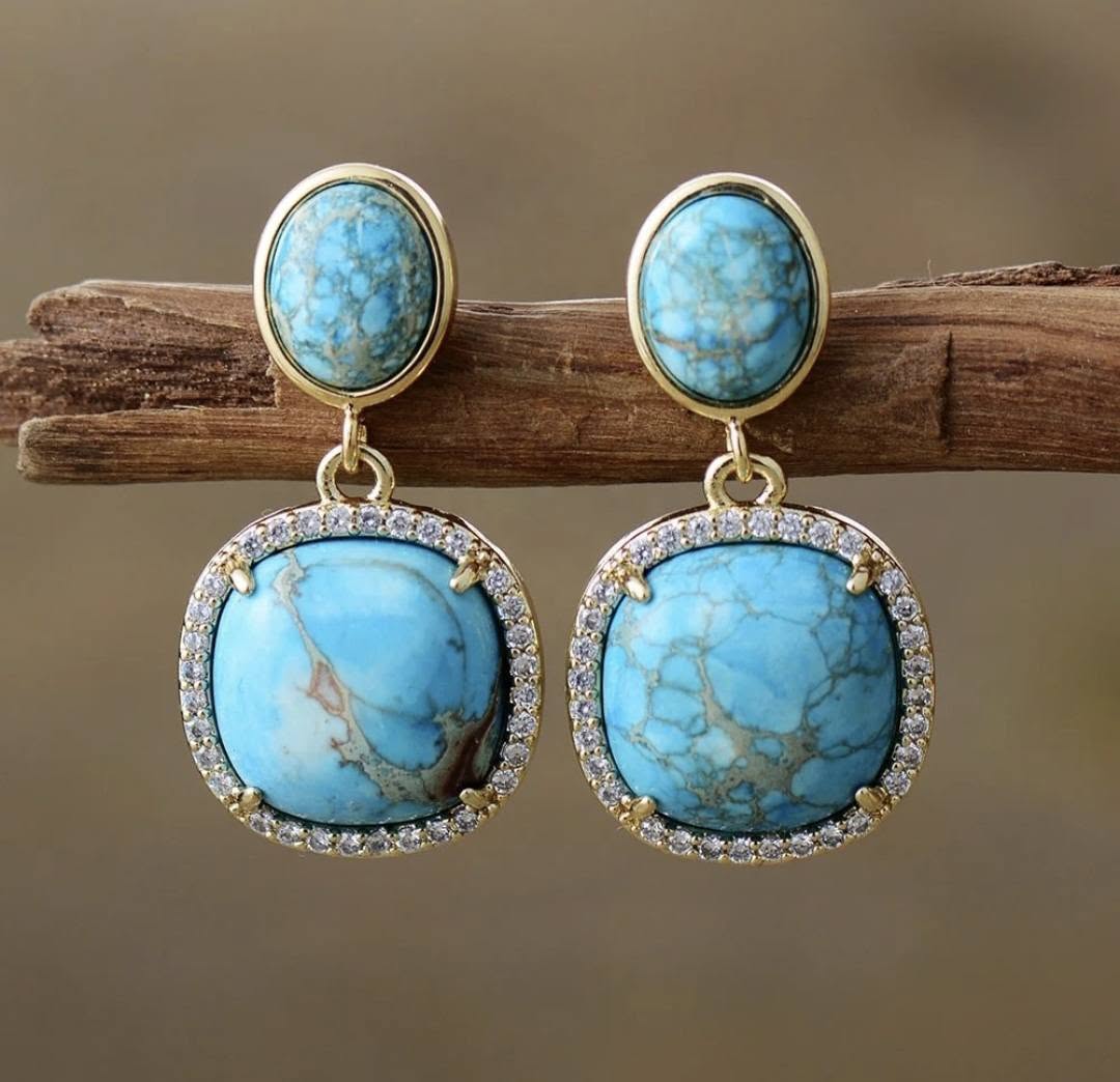 Nye MICCI Classic DESIGN natural Drop Turquoise Øredobber, 30x15mm 24KGold Electroplated
