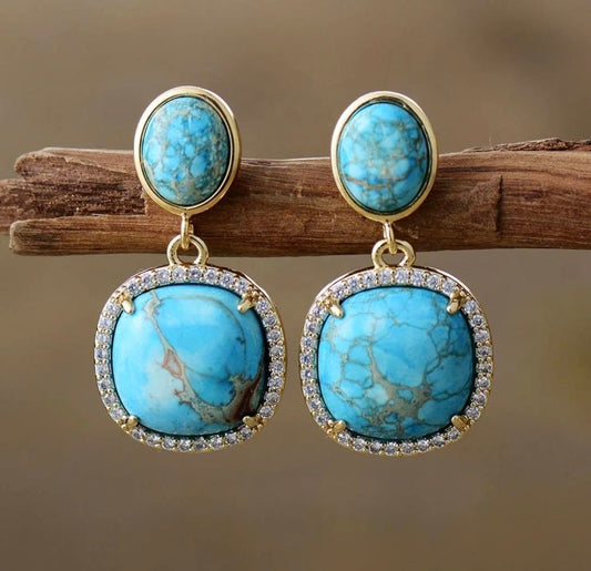 Nye MICCI Classic DESIGN natural Drop Turquoise Øredobber, 30x15mm 24KGold Electroplated