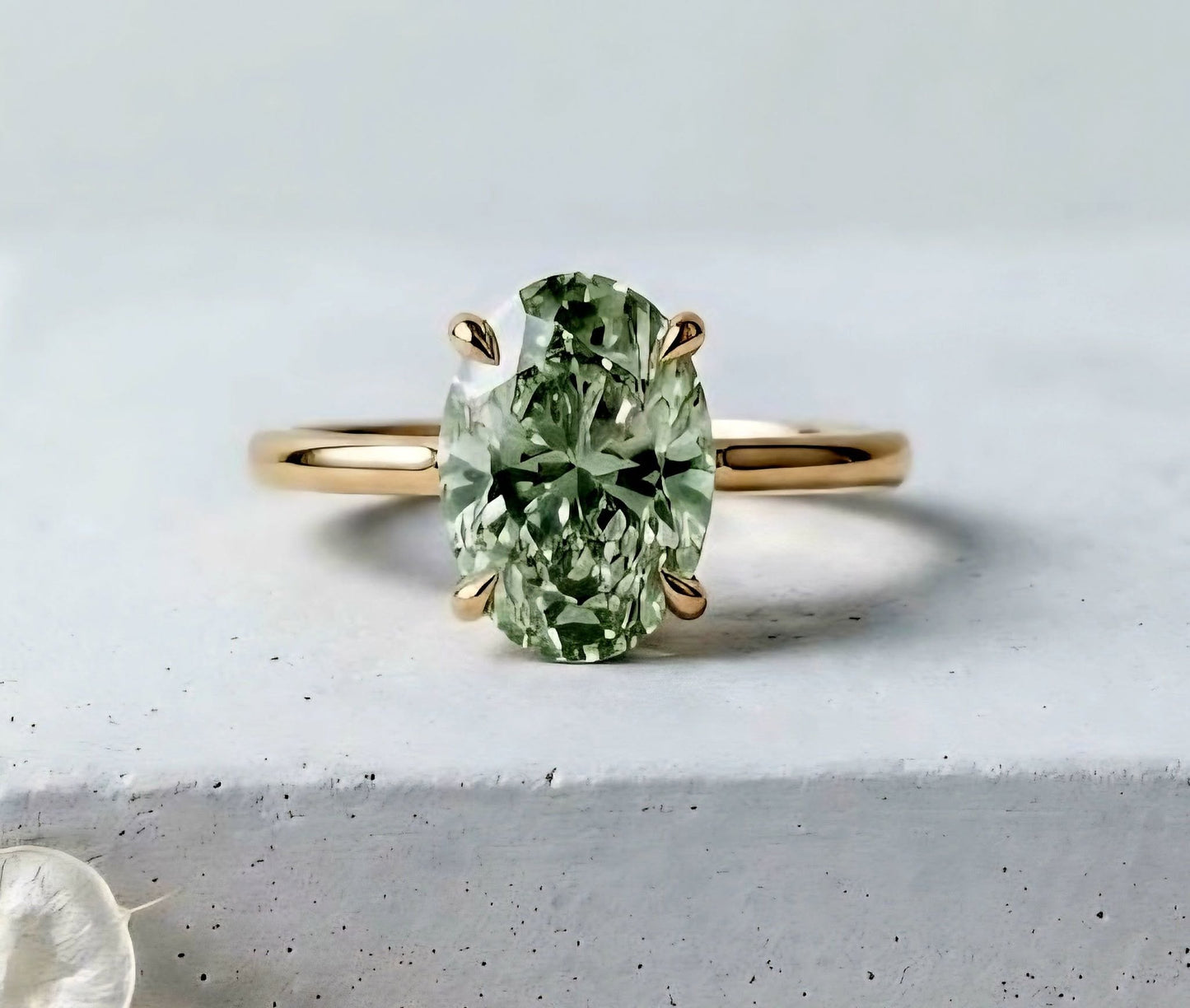 New Mareshia "Solitaire" enstens 11x7.5mm Mint Green Prasiolite Ring, Gold Vermeil ( 925s Silver )