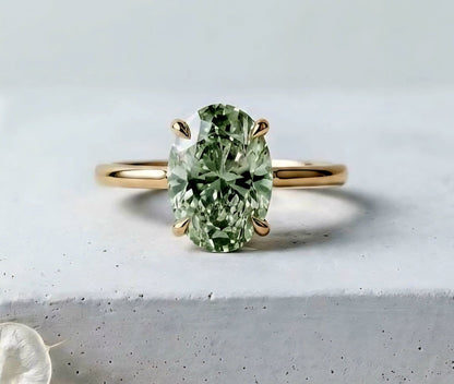 New Mareshia "Solitaire" enstens 11x7.5mm Mint Green Prasiolite Ring, Gold Vermeil ( 925s Silver )