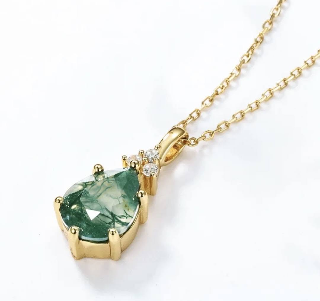 New MOSS AGATE CZ Solitaire Jewelry Necklace - Stone Design Art Deco, Gold Vermeil ( 925s Silver )