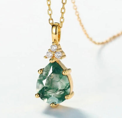 New MOSS AGATE CZ Solitaire Jewelry Necklace - Stone Design Art Deco, Gold Vermeil ( 925s Silver )