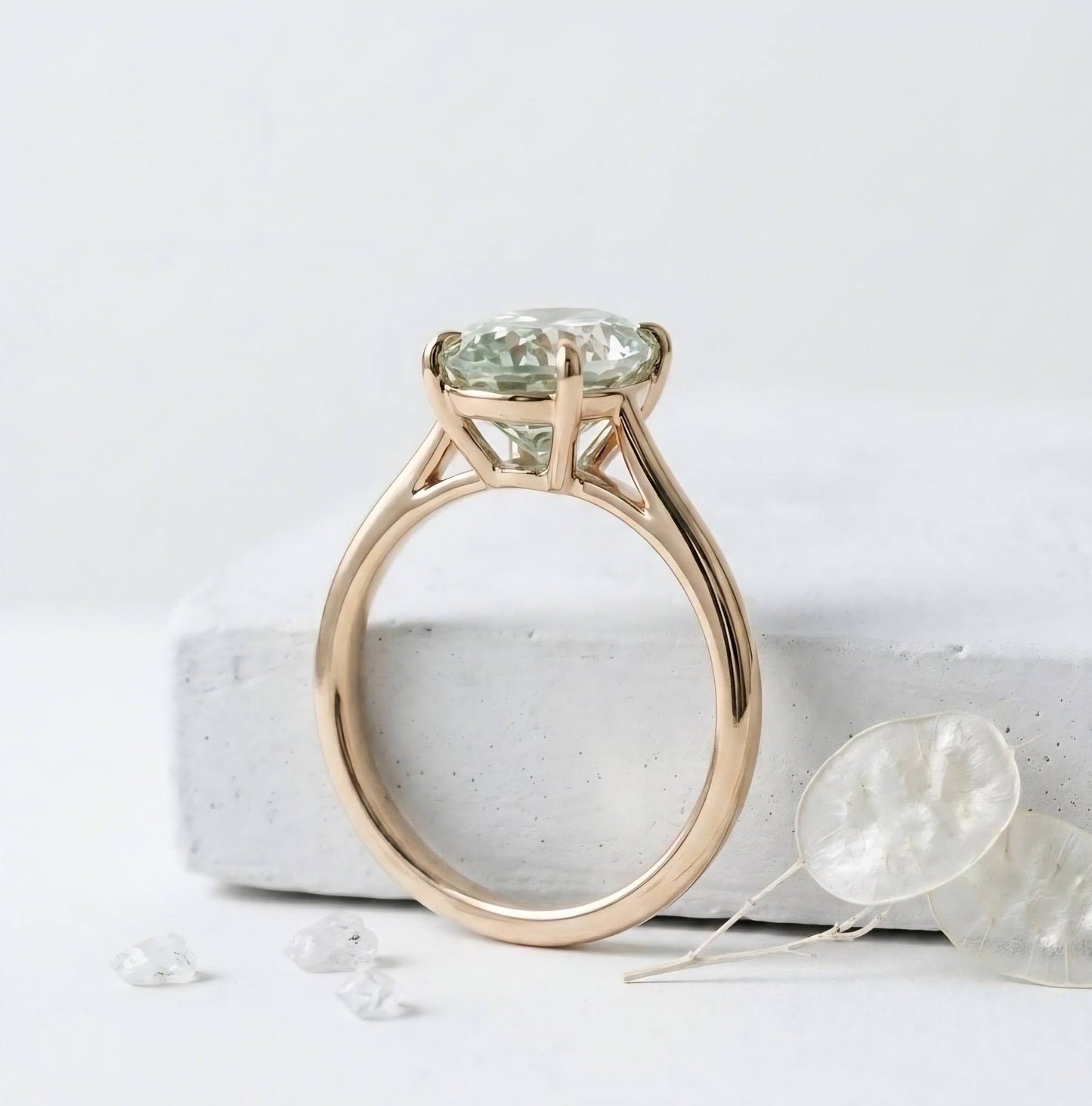 New Mareshia "Solitaire" enstens 11x7.5mm Mint Green Prasiolite Ring, Gold Vermeil ( 925s Silver )