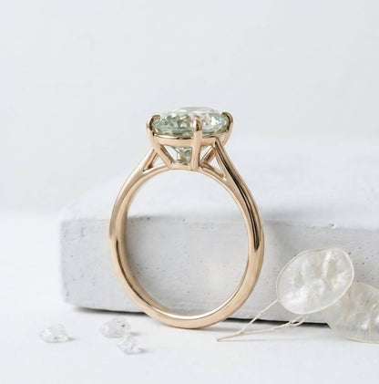 New Mareshia "Solitaire" enstens 11x7.5mm Mint Green Prasiolite Ring, Gold Vermeil ( 925s Silver )