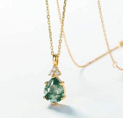 New MOSS AGATE CZ Solitaire Jewelry Necklace - Stone Design Art Deco, Gold Vermeil ( 925s Silver )