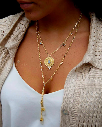 MARESHIA Designkjede Medallion m/ Labradorite, Moonstone og Zirkoner, 18K Goldfilled
