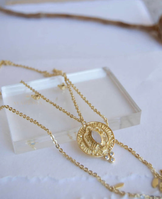 MARESHIA Designkjede Medallion m/ Labradorite, Moonstone og Zirkoner, 18K Goldfilled