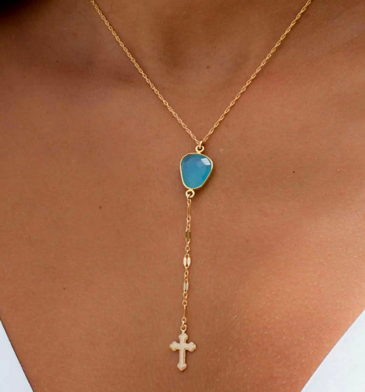 MARESHIA Designkjede Blue Chalsedony m/Kors Decor, 14K Goldfilled