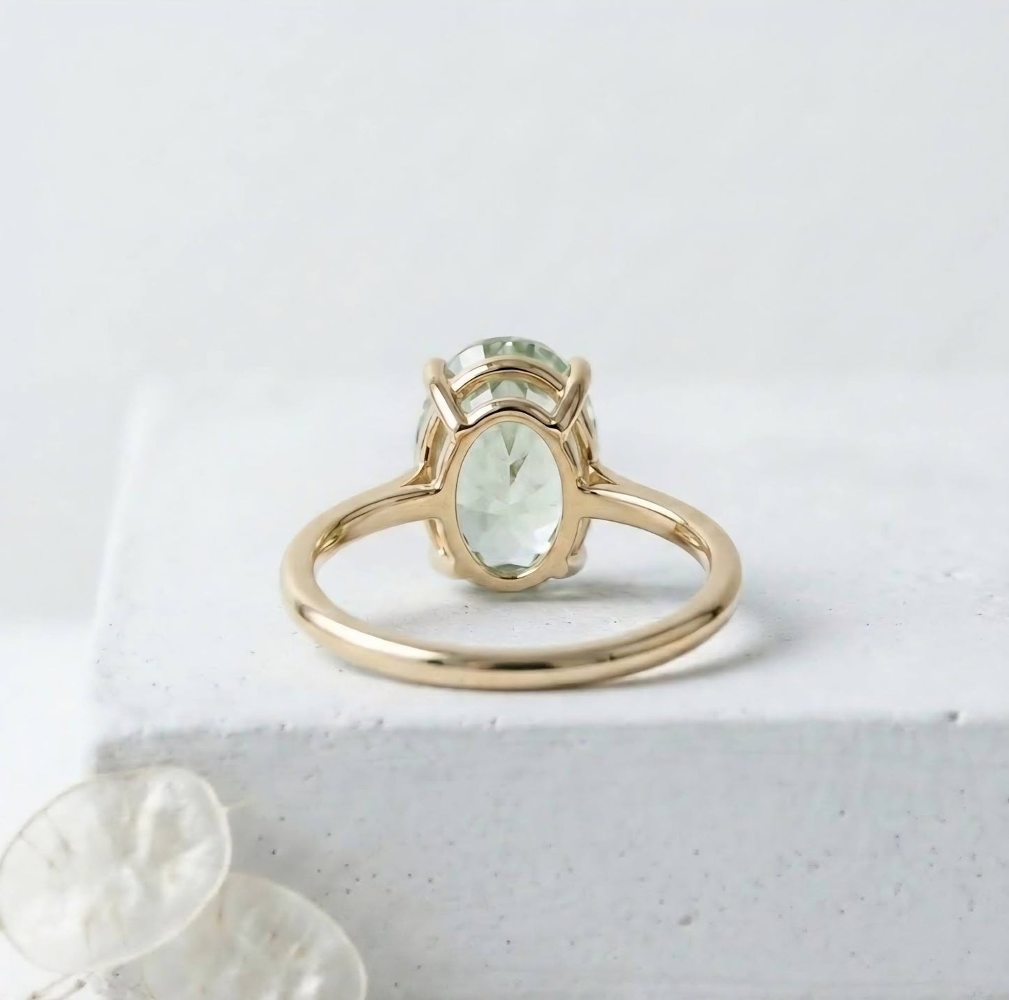 New Mareshia "Solitaire" enstens 11x7.5mm Mint Green Prasiolite Ring, Gold Vermeil ( 925s Silver )