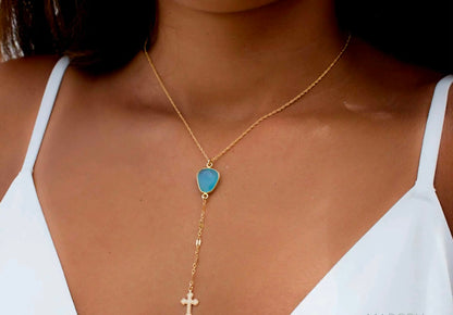 MARESHIA Designkjede Blue Chalsedony m/Kors Decor, 14K Goldfilled