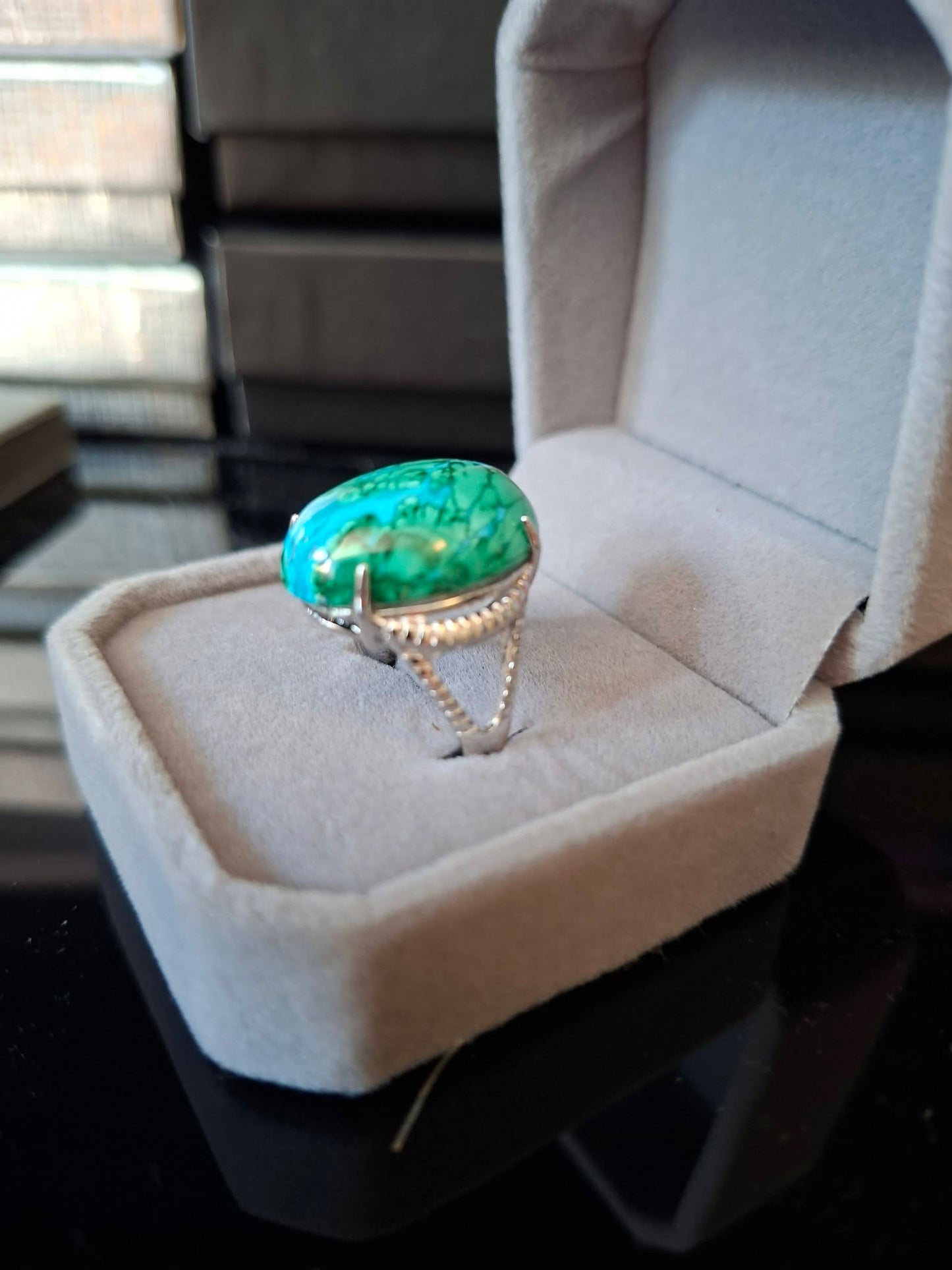New Micci Design "Solitaire" ensten naturlig Chrysocolla Ring, 925s Silver , One Size Justerbar