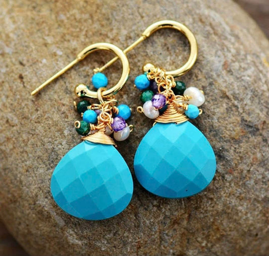 Nye MICCI Classic DESIGN natural Drop Turquise Øredobber m/decor, 30x15mm 24KGold Electroplated