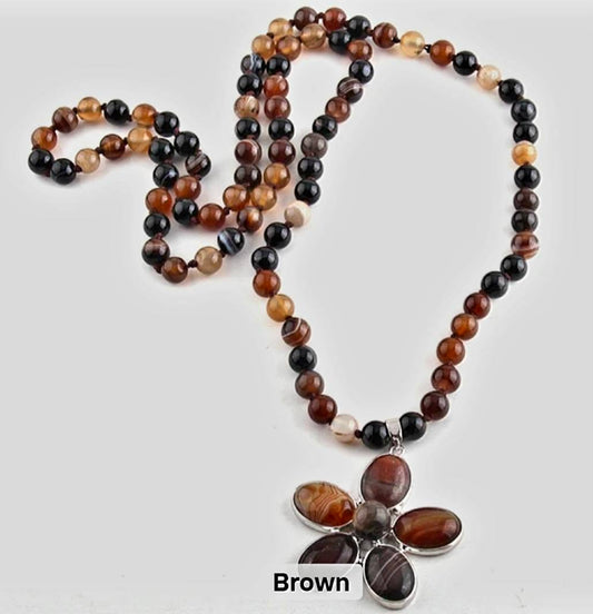 NEW LONG BOHEMIAN AGATE MALAKJEDE ( 80cm ) w/Flower, Brown