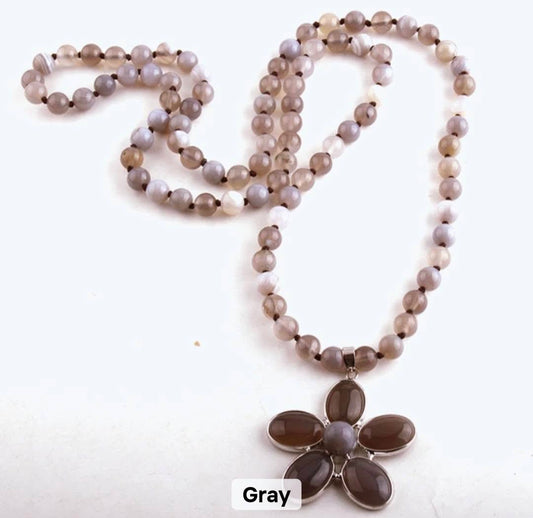 NEW LONG BOHEMIAN AGATE MALAKJEDE ( 80cm ) w/Flower, Grey