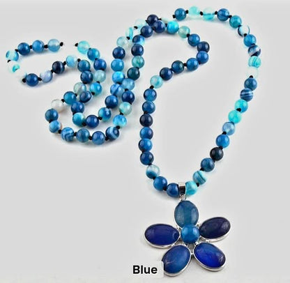NEW LONG BOHEMIAN AGATE MALAKJEDE ( 80cm ) w/Flower, BLUE