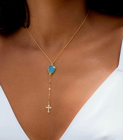 MARESHIA Designkjede Blue Chalsedony m/Kors Decor, 14K Goldfilled