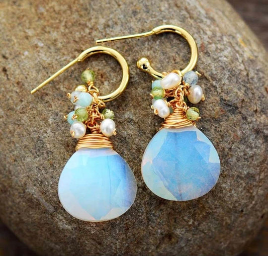 Nye MICCI Classic DESIGN natural Drop OPAL Øredobber m/decor, 30x15mm 24KGold Electroplated