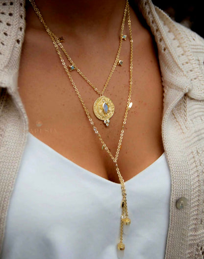 MARESHIA Designkjede Medallion m/ Labradorite, Moonstone og Zirkoner, 18K Goldfilled