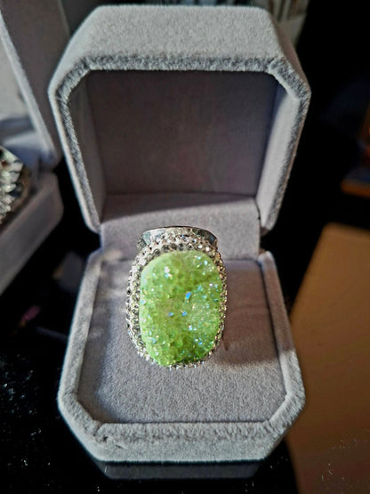Druzy Aqua Green Quartz Ring Silver Electroplated, justerbar