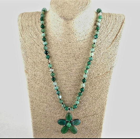 NEW LONG BOHEMIAN AGATE MALAKJEDE ( 80cm ) w/Flower, GREEN