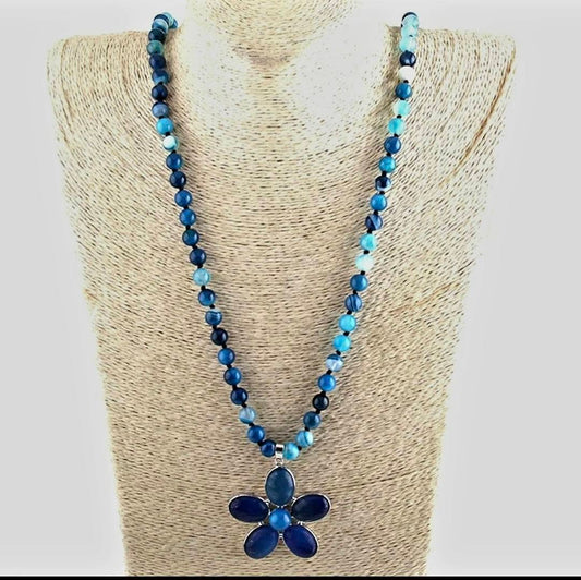 NEW LONG BOHEMIAN AGATE MALAKJEDE ( 80cm ) w/Flower, BLUE