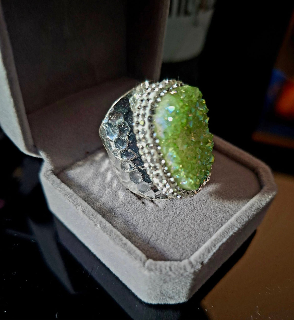 Druzy Aqua Green Quartz Ring Silver Electroplated, justerbar