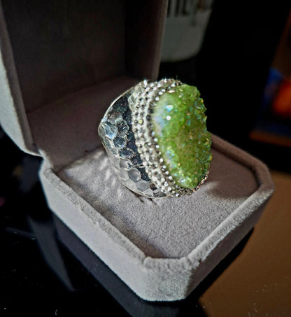 Druzy Aqua Green Quartz Ring Silver Electroplated, justerbar