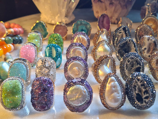 2 -1 KAMPANJE / Trendy Statement Designringer ( Geode Agate , Perle, Solar , Druzy Quartz, Ametyst )