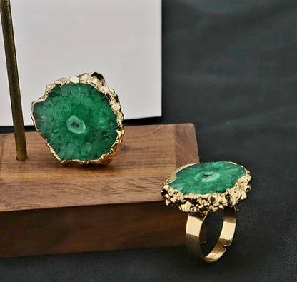 New Green AGATE Solar Quartz Fashion Ring, Justerbar - Gold Electroplated