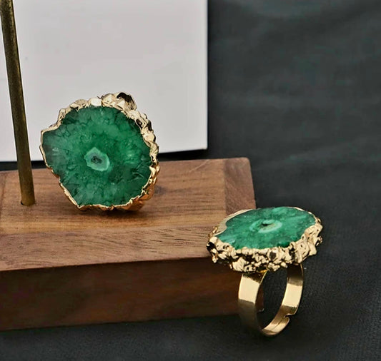 New Green AGATE Solar Quartz Fashion Ring, Justerbar - Gold Electroplated