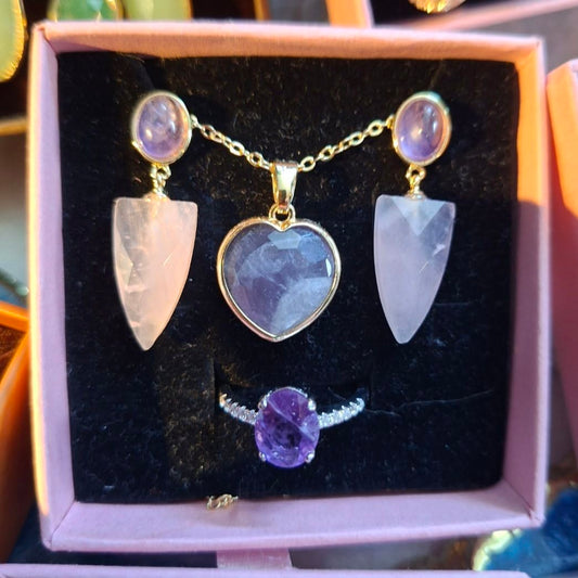 Summersale / Green Quartz Smykkesett ( Kjede, 925s Ring m/zirkoner, Øredobber )
