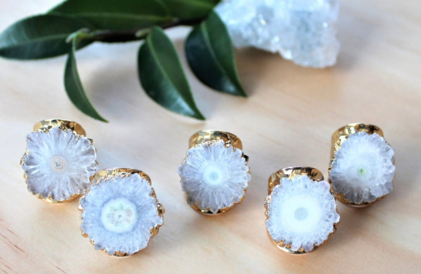 Fashion Ring natural Solar Hvit Quartz, Gold Electroplated, Justerbar