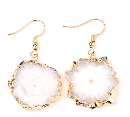 Evil Eye Earrings, White Solar Quartz Dangle Earrings | Gold Plated Brass, Boho Jewelry