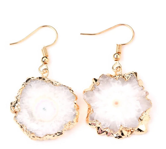 Evil Eye Earrings, White Solar Quartz Dangle Earrings | Gold Plated Brass, Boho Jewelry