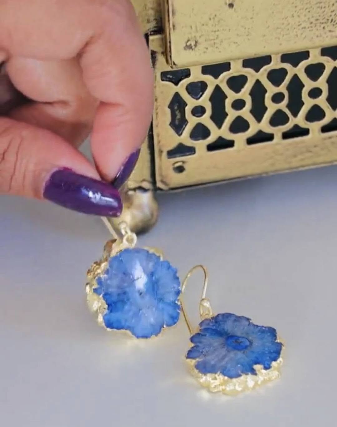 Evil Eye Earrings, Aqua Blue Solar Quartz Dangle Earrings | Gold Plated Brass, Boho Jewelry