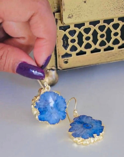Evil Eye Earrings, Aqua Blue Solar Quartz Dangle Earrings | Gold Plated Brass, Boho Jewelry