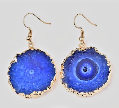 Evil Eye Earrings, Blue Solar Quartz Dangle Earrings | Gold Plated Brass, Boho Jewelry